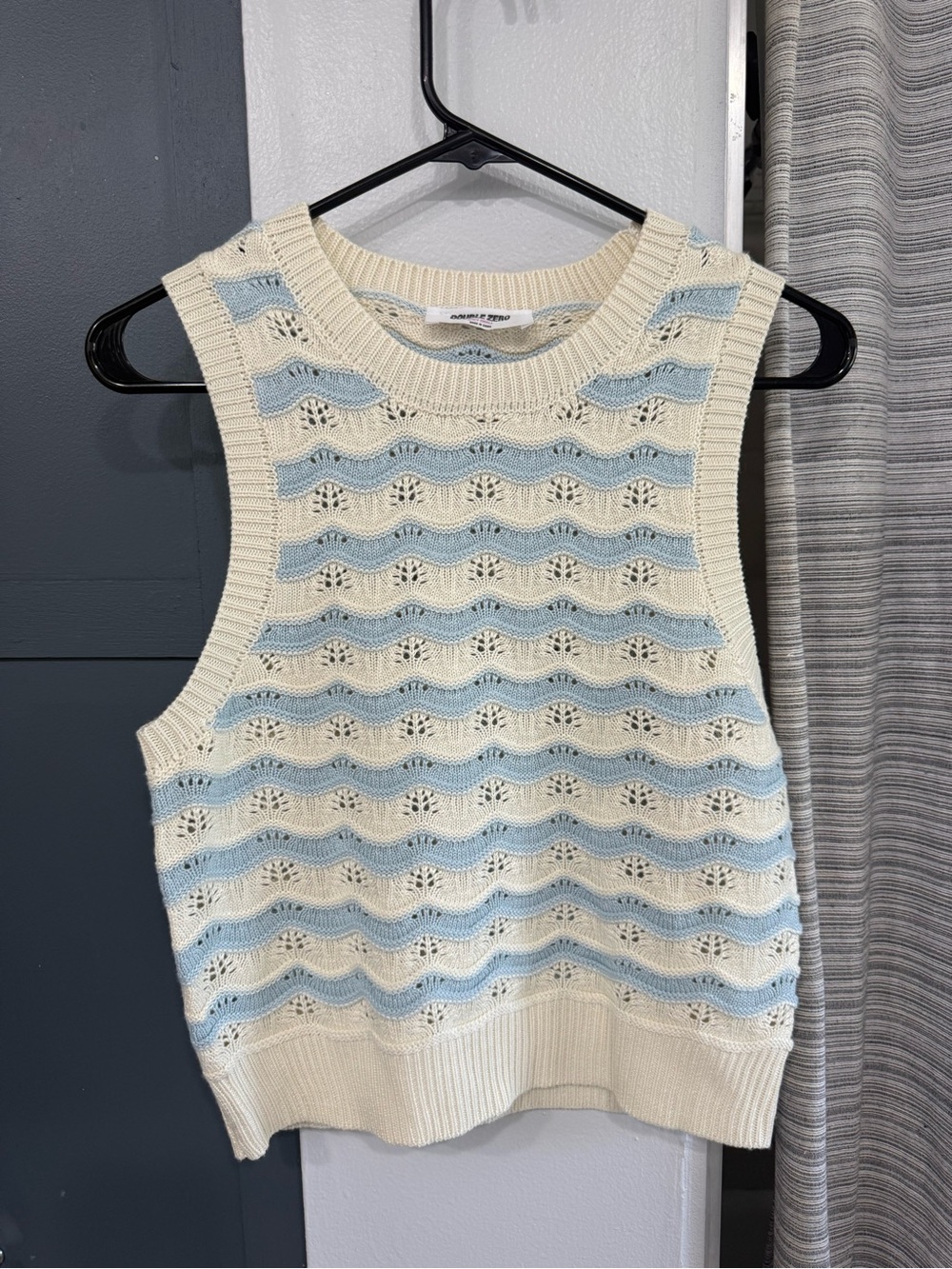 Double Zero Cream Knit Tank with Pale Blue Wave Stripes